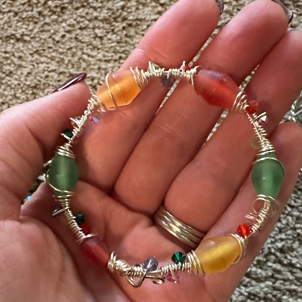 Colorful Beaded Silver Wire Bracelet
